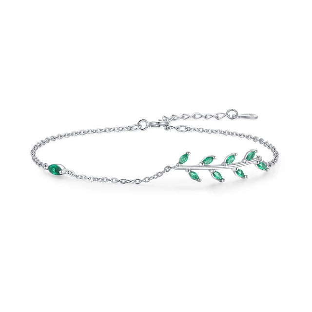 Pulseira Folhas Verdes Prata 925